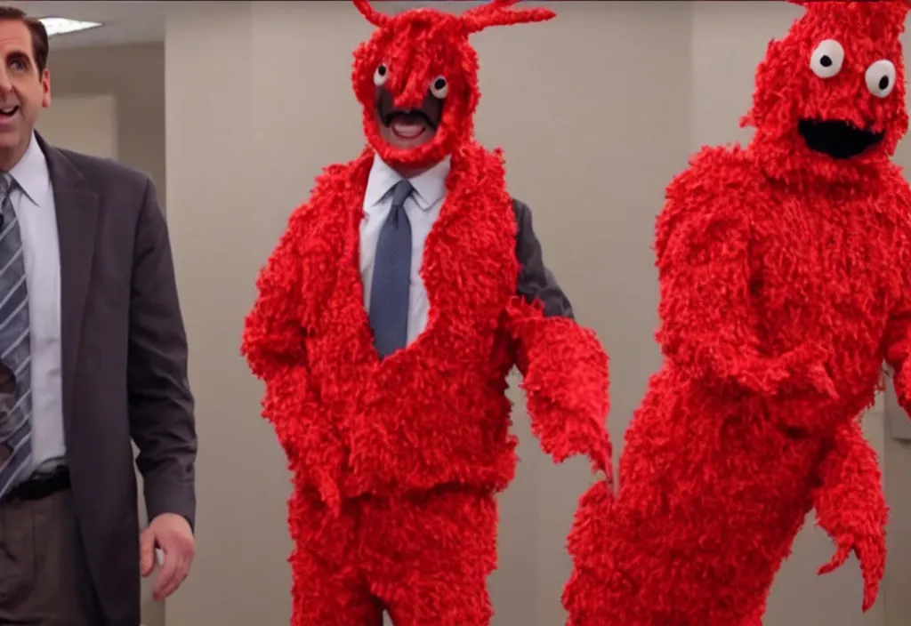 Image similar to michael scott in lobster costume, video still from the office tv show