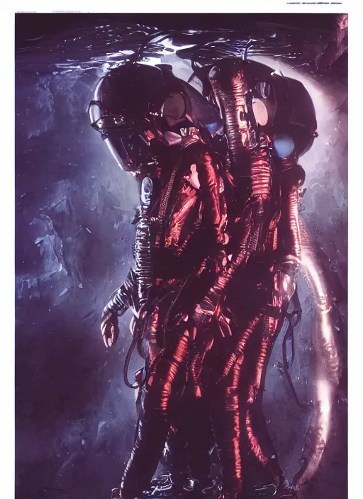 Image similar to astronauts in dark void underwater - complex and hyperdetailed technical suit. reflection and dispersion materials. rays and dispersion of light. volumetric light. f / 3 2. noise film photo. flash photography. ultra realistic, wide angle. poster by wayne barlowe, hajime sorayama aaron horkey, craig mullins