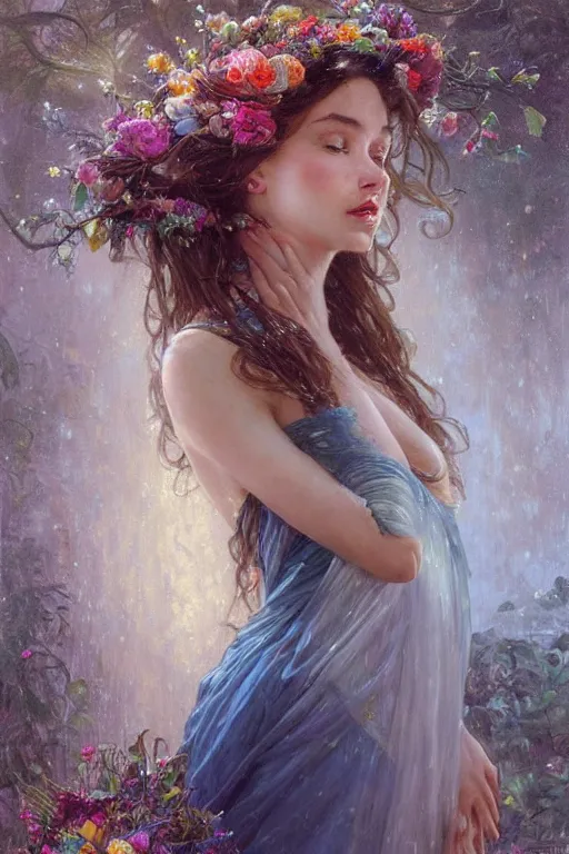 Image similar to portrait of a beautiful mysterious woman holding a bouquet of flowing flowers, wet dripping long hair, hands hidden under the bouquet, emerging from the water, fantasy, regal, intricate, by stanley artgerm lau, greg rutkowski, thomas kindkade, alphonse mucha, loish, norman rockwell