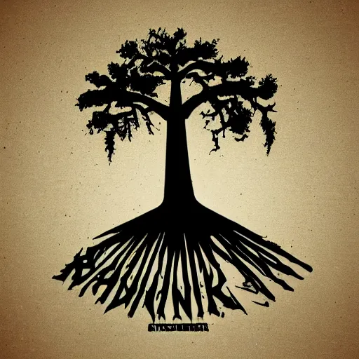 Image similar to black metal band logo, unreadable text, metal font, looks like a tree silhouette, horizontal