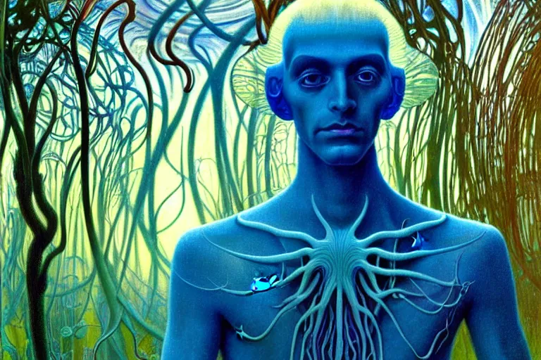 Image similar to realistic detailed portrait painting of a beautiful ghost man with blond hair with an alien, futuristic sci-fi forest on background by Jean Delville, Amano, Yves Tanguy, Alphonse Mucha, Ernst Haeckel, Edward Robert Hughes, Roger Dean, rich moody colours, blue eyes