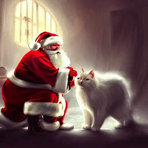 Prompt: depressed santa claus kissing a muscular white fluffy cat in his workshop crying. dimly lit. dark. 4 k rtx hdr volume light concept studio matte painting environement digital illustration style artstation artur tarnowski, mihai muscan, marcin tomalak, marta leydy,