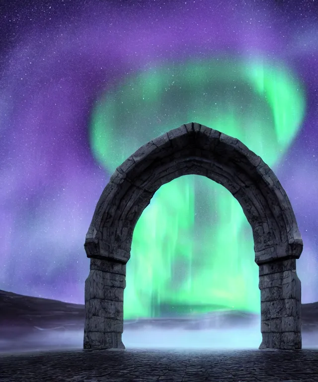 Image similar to portal to another dimension, stone archway, aurora borealis, mysticism, photorealistic, fog