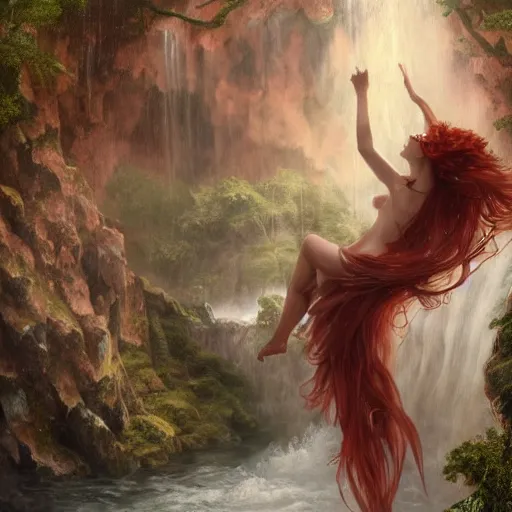 Image similar to an extremely detailed portrait of four polyamorous red haired succubuses dancing while hiding from a thunderstorm in a cave behind a waterfall, epic fantasy, viewed in profile from far away, sharp focus, detailed face, art by greg rutkowski and alphonse mucha, volumetric lighting, 4 k resolution, trending on artstation, masterpiece