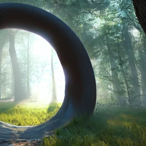 Image similar to photorealistic portal to another dimension in the middle of a forest, foggy, dynamic lighting, sun rays, ray tracing, cinematic, hyperrealism, stunning visuals 8k