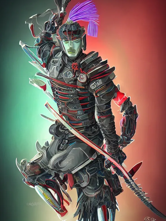 Prompt: full body front view portrait of natural, bio - mechanical ninja samurai, character design, correct anatomy, concept art, digital illustration, ray tracing, ultra detailed, fantasy, neon lighting, intricate and highly detailed, coloured with lots of colour, pose, fantasy, sharp focus,