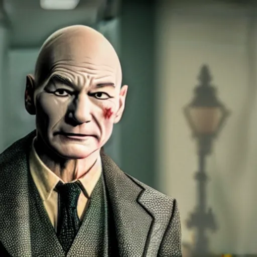 Prompt: still of Patrick Stewart, bald, as joker in new joker film