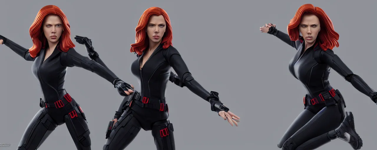 Prompt: action figure of Black Widow Scarlett Johansson in a dynamic pose, full subject in frame, cinematic, vray rendering, 3d occlusion