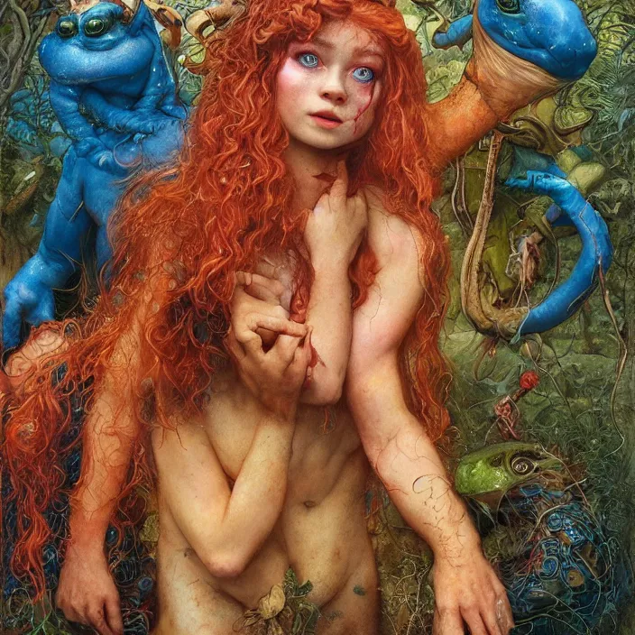 Image similar to a portrait photograph of sadie sink as a brightly colored satyr amphibian hybrid with wet mutated skin. wearing a catsuit many body modifications. by tom bagshaw, donato giancola, hans holbein, walton ford, gaston bussiere, brian froud, peter mohrbacher and magali villeneuve. 8 k, cgsociety