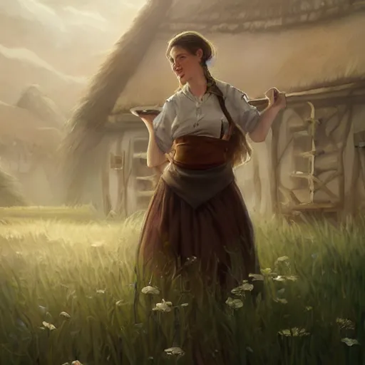 Image similar to epic portrait An waitress enjoying loaf of bread, white uniform, short sleeved, brown long haired, blurry viking village backround, digital painting, artstation, concept art, soft light, hdri, smooth, sharp focus, illustration, fantasy, intricate, elegant, highly detailed, D&D, matte painting, in the style of Greg Rutkowski and Alphonse Mucha and artemisia, 8k, highly detailed, jurgens, rutkowski, bouguereau, pastoral, rustic, georgic