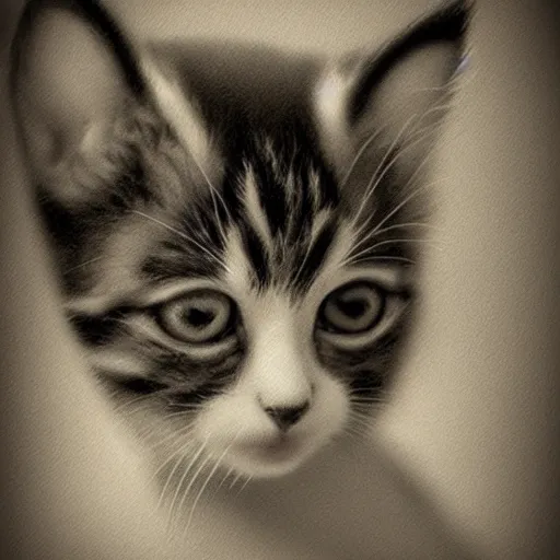 Image similar to black and white drawing of a baby kitten, floating head, white background