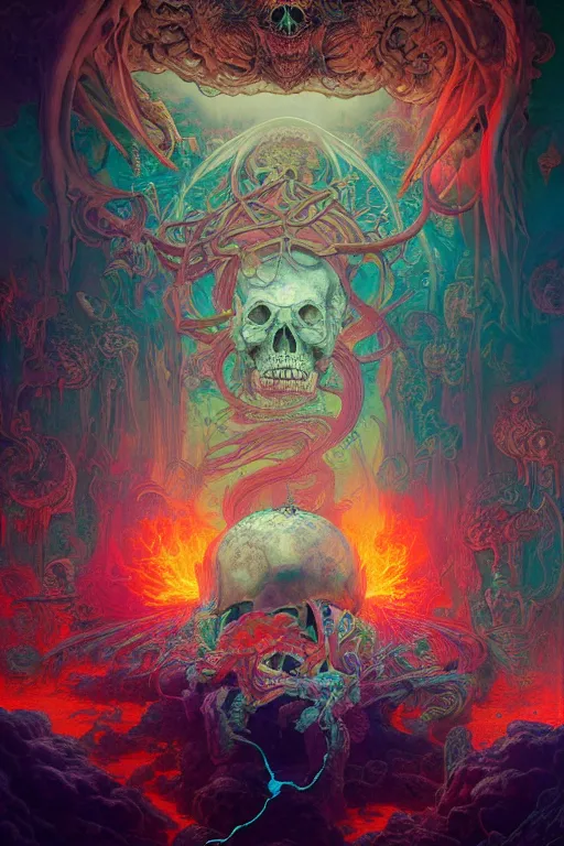 Image similar to gigantic skull center, psychedelic demonic cosmic death and flames, fantasy painting, ultra realistic, wide angle, art nouveau, intricate details, rainbowshift, vivid colors, highly detailed by peter mohrbacher, h. r. giger, maxfield parrish, gustave dore, craig mullins, octane render, cgi