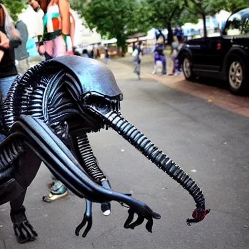 Prompt: walking a xenomorph pet