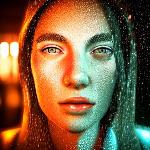 Image similar to a human portrait made out of rain, neon, beautiful, rendered in octane, unreal engine