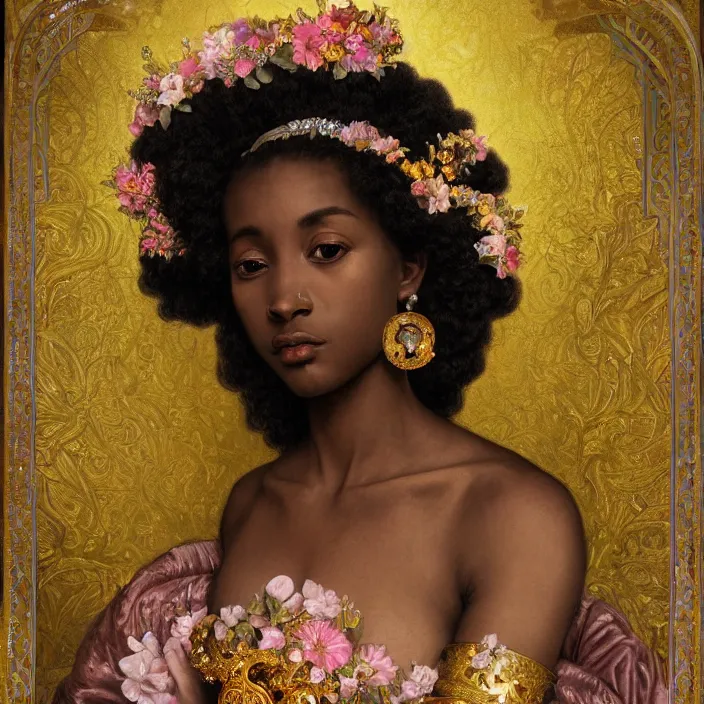 Image similar to highly detailed venetian rococo portrait of a black princess wearing a crown, golden jewels, pastel flowery background, volumetric lighting, flowers, fantasy, realistic, symmetrical face, digital illustration, art by krenz cushart, alphonse mucha, kehinde wiley, artem demura