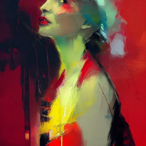 Prompt: high quality sharp abstract painting of a woman in bright colours by jeremy mann