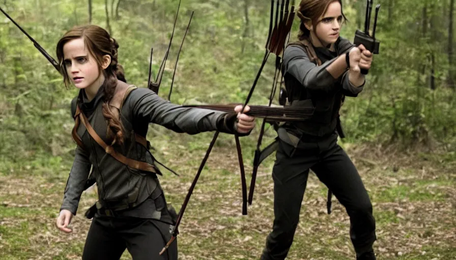 Image similar to film still of emma watson as katniss, the hunger games, action shot