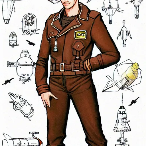 Image similar to character concept art of heroic square - jawed emotionless serious blonde handsome butch princely woman aviator, with very short butch slicked - back hair, wearing brown leather jacket, standing in front of small spacecraft, illustration, science fiction, retrofuture, highly detailed, ron cobb, mike mignogna