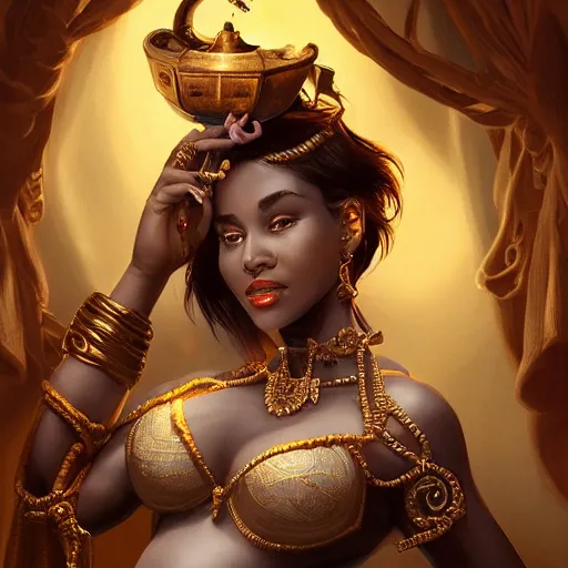 Image similar to a short haired genie, female, young, brown hair, brown skin, abs, emerging from her lamp, confident and smiling, insanely detailed and intricate, hypermaximalist, elegant, ornate, hyper realistic, super detailed, Art Deco, cinematic, trending on artstation, magic the gathering artwork, centered