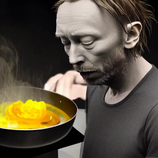 Image similar to thom yorke as egg yolk while cooking on a pan, thom yorke is made of egg yolk he is egg yolk, realistic, hyperrealistic, ultra realistic, real, real world, highly detailed, very detailed, extremely detailed, intricate details, 8 k resolution, hd quality