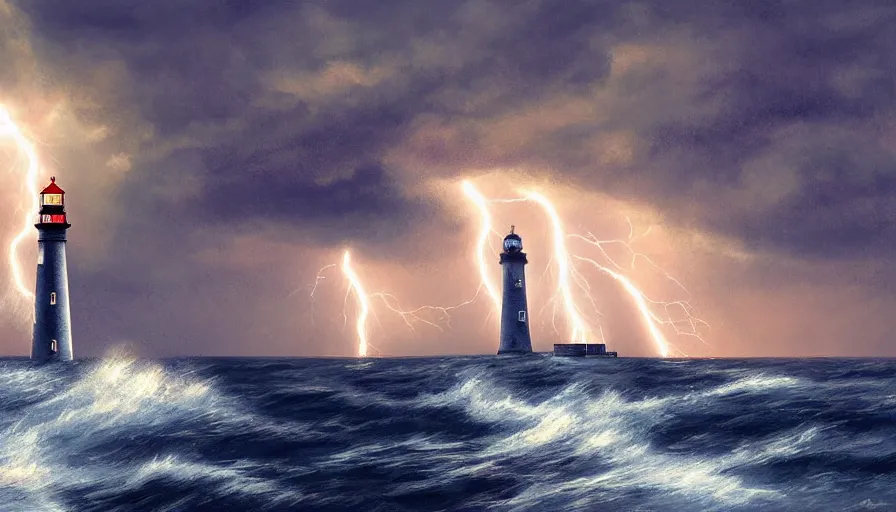 Prompt: a lighthouse being struck by lightning out at sea, digital art, highly detailed, realistic, bright colors, 8 k