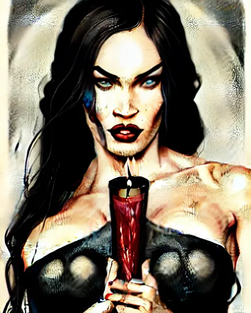 Image similar to megan fox witch queen, black eyes, blood, full body, intricate victorian dress, symmetrical eyes, rafael albuquerque, frank frazetta, moody lighting, candles