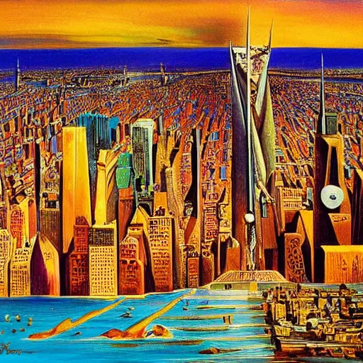 Image similar to salvador dali painting of new york city skyline lots of color and detail