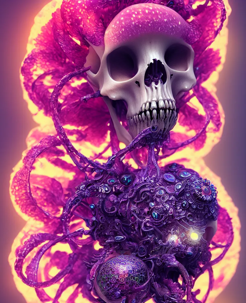 Image similar to goddess close-up portrait animal skull. jellyfish phoenix head, nautilus, orchid, skull, betta fish, bioluminiscent creatures, intricate artwork by Tooth Wu and wlop and beeple. octane render, trending on artstation, greg rutkowski very coherent symmetrical artwork. cinematic, hyper realism, high detail, octane render, 8k