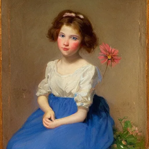 Image similar to beautiful girl, with flowers in her hand and a blue dress, Anderson Sophie