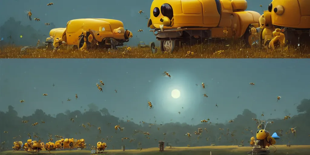Image similar to honey bee world and hives by Goro Fujita and Simon Stalenhag , 8k, trending on artstation, hyper detailed, cinematic