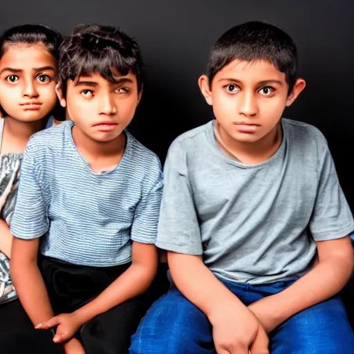 Prompt: one girl and three boys sitting together, they are siblings, black background, 8 0 mp photography, all are visible