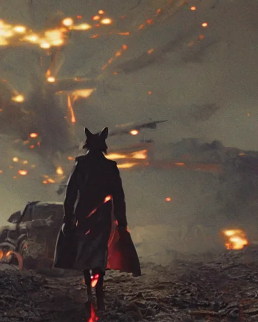 Image similar to a fox in a black trench - coat in front of a huge explosion in the middle of a war, style of anime