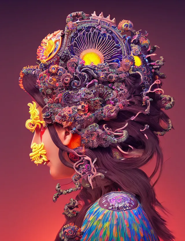 Image similar to 3 d goddess close - up profile portrait with crown, ram skull. beautiful intricately detailed neon japanese crow kitsune mask and clasical japanese kimono. betta fish, jellyfish phoenix, bio luminescent, plasma, ice, water, wind, creature, artwork by tooth wu and wlop and beeple and greg rutkowski