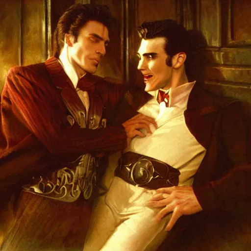 Image similar to attractive male, arthur pendragon confesses his love to attractive male dracula the vampire. highly detailed painting by gaston bussiere, craig mullins, j. c. leyendecker 8 k