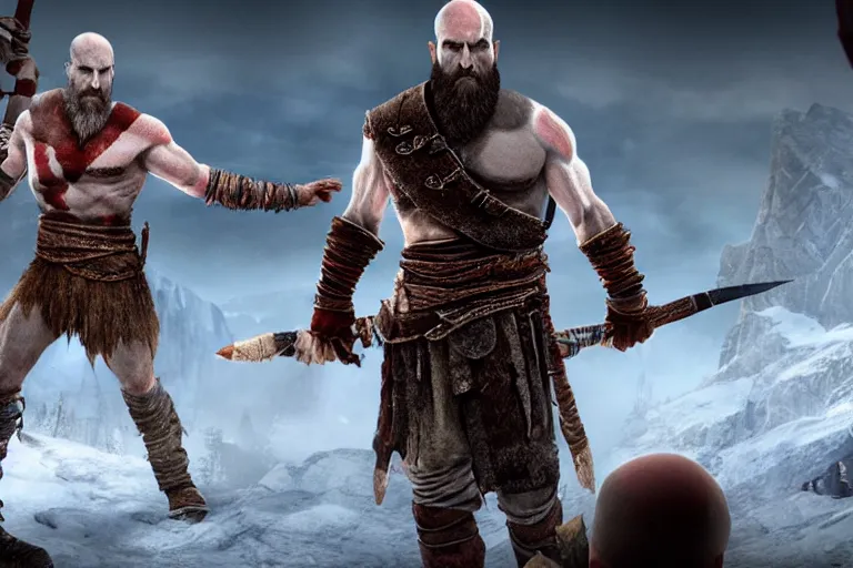 Prompt: title screen of the game god of war with brian cranston as walther white holding two blades