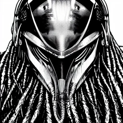 Prompt: wall street journal hedcut portrait of predator from the movie predator