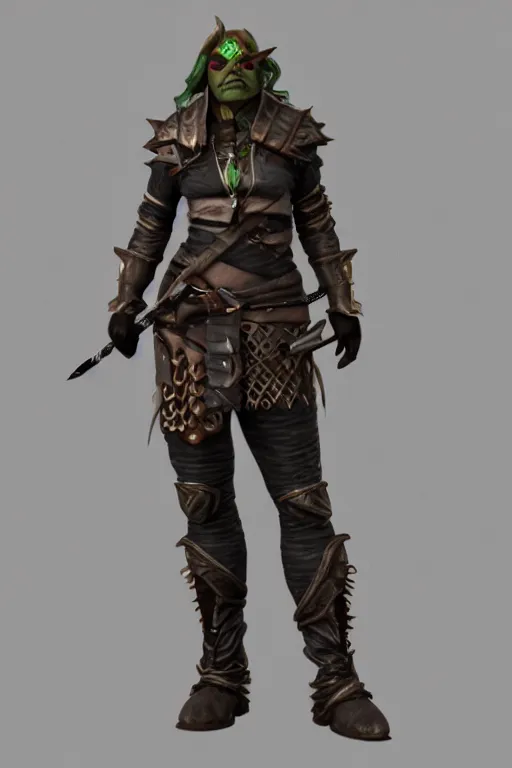 Prompt: gender : female, race : orc, job : bounty hunter, weapon : katana, clothes : leather armor, accessories : goggles, body type : strong hair style : wavy, concept art, trending on artstation 3 d.