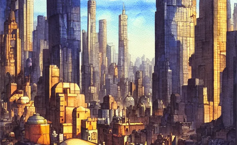 Prompt: cityscape, colorful watercolor. by rembrant, battle angel alita, ralph mcquarrie, aluminum, 1 6 6 7