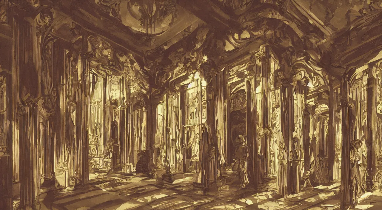 Image similar to inside a baroque frame. chiaroscuro gouache by james gurney. enlightenment salon architecture designed by frank lloyd wright. composed by directory kubrick ( 1 9 6 2 )