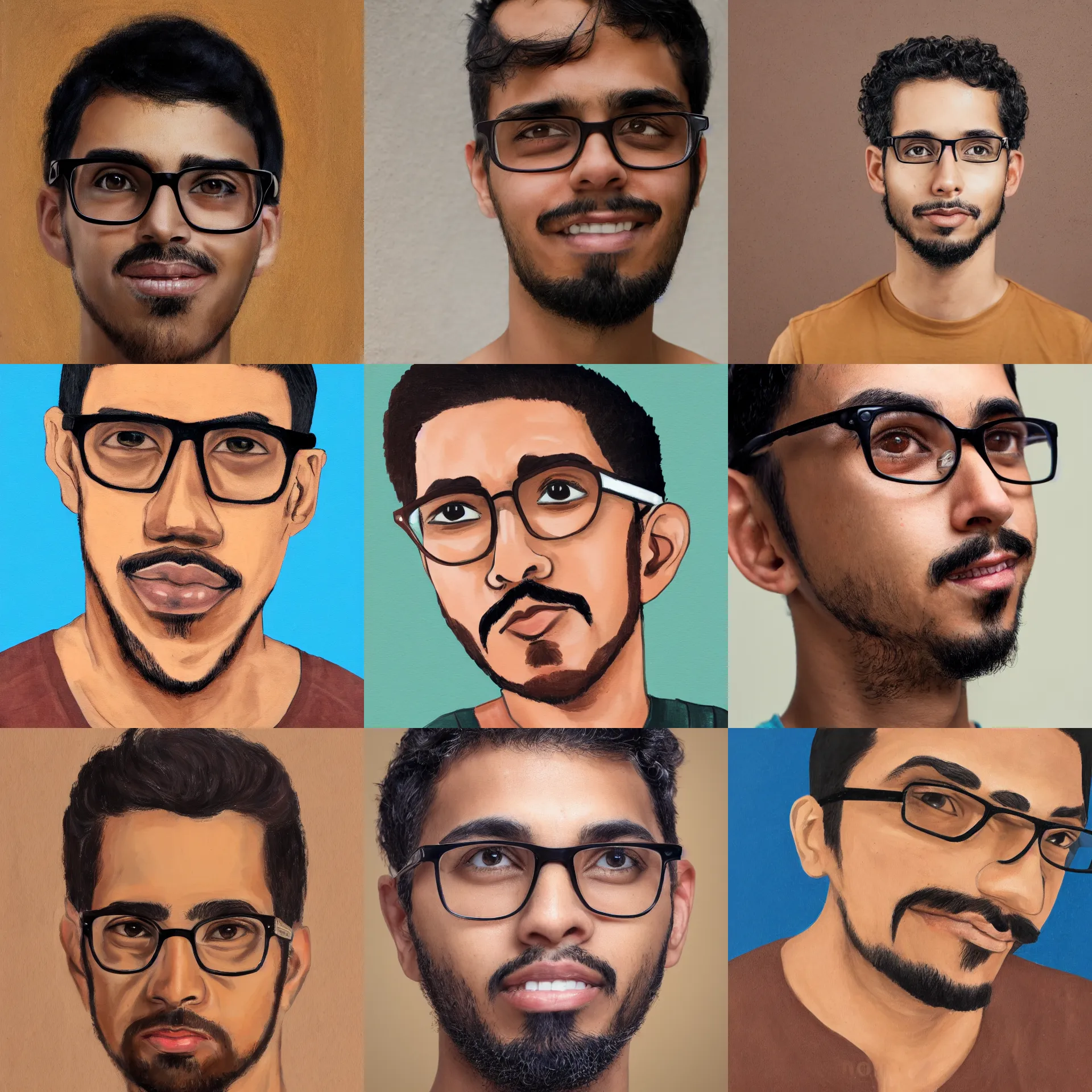 Prompt: 3 / 4 view portrait of a latino skinny young man, brown skin, wavy short hair, goatee, wearing glasses, straight nose, close up, light brown background, painted by munich