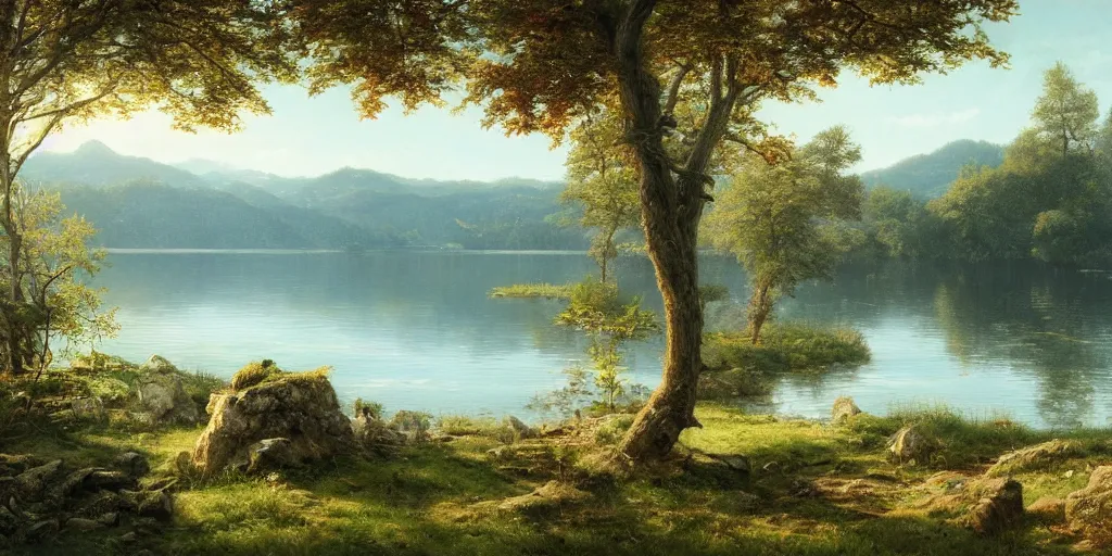 Image similar to a beautiful lake landscape in summer, by Ernest deutsch + Ted Nasmith, cinematic lighting, masterpiece, highly detailed, 8k resolution, trending on art station