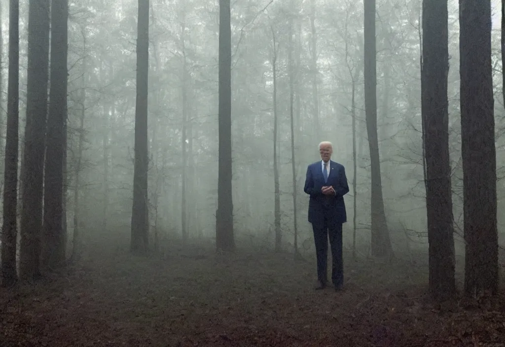 Image similar to low quality iphone photo of joe biden standing ominously deep in the foggy woods with a demonic smile in his face, low visibility creepy