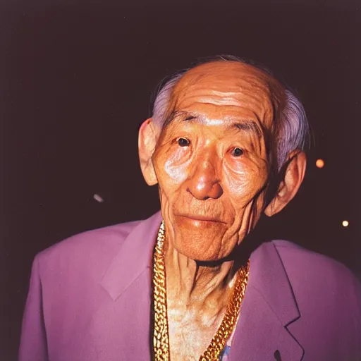 Image similar to portrait, old man in tokyo at night, wearing gold chain, gold rings, cinestill 8 0 0,