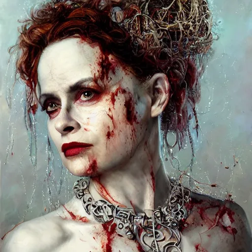 Image similar to expressive oil painting, of helena bonham carter mixed with sigourney weaver, bumpy mottled skin full of blood and scars, ornate headpiece made from crystals, cables and wires, body horror, by yoshitaka amano, by greg rutkowski, by jeremyg lipkinng, by artgerm, digital art, octane render