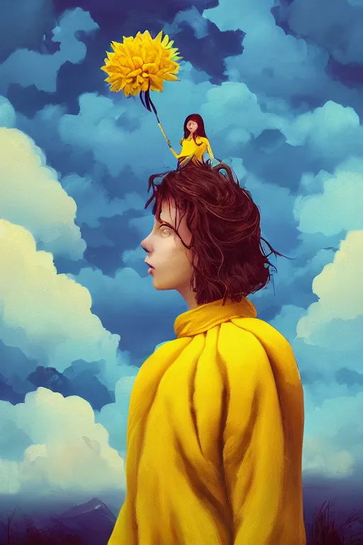 Image similar to closeup girl with huge yellow dahlia flower face, intricate, standing on mountain, surreal photography, blue storm clouds, dramatic light, impressionist painting, digital painting, artstation, simon stalenhag