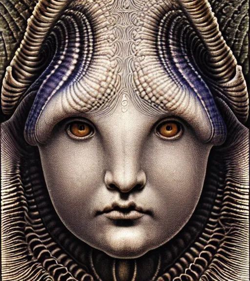 Image similar to detailed realistic beautiful limpet goddess face portrait by jean delville, gustave dore, iris van herpen and marco mazzoni, art forms of nature by ernst haeckel, art nouveau, symbolist, visionary, gothic, neo - gothic, pre - raphaelite, fractal lace, intricate alien botanicals, ai biodiversity, surreality, hyperdetailed ultrasharp octane render