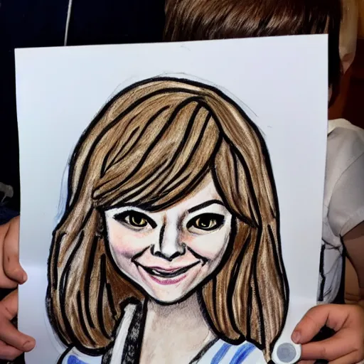 Image similar to childrens drawing of emma stone with owls,