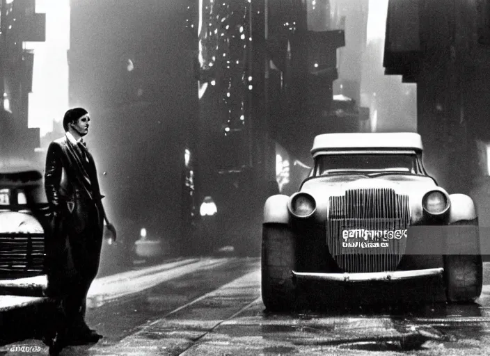 Prompt: scene from the 1932 science fiction film Blade Runner with the main character standing next to a vehicle