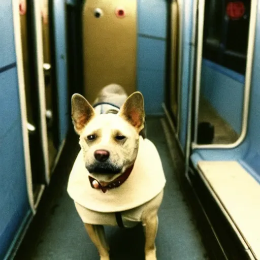 Prompt: a dog wearing a business suit on a subway train, 1 9 7 0 colour photography