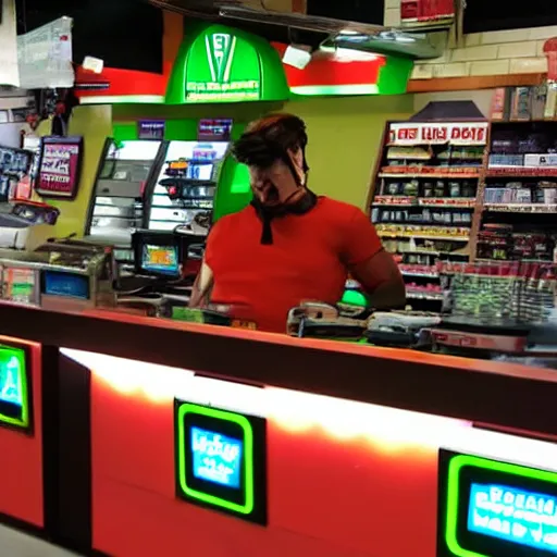 Image similar to Accidents, The Hulk working as a 7/11 cashier using a red laser scanner, cash register, red laser scanner, wide wide shot, very detailed, beautiful lighting, red laser, broken counter, broken, fire, smoke